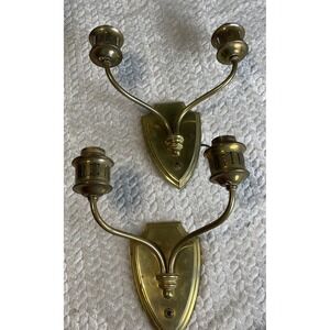 Mid-Century Colonial Revival Brass Wall Sconces  pair Shield Electric